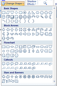 Button: Change Shape > gallery of shapes (Word 2007)