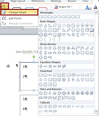 Button: Edit Shape > Change Shape > gallery (Word 2010)