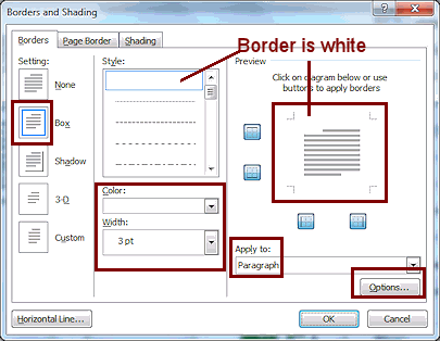 Dialog: Borders and Shading - Block quote (Word 2010)
