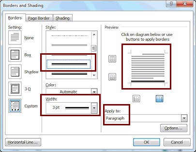 Dialog: Border & Shading - to create a double line border for title (Word 2010)