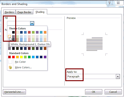 Dialog: Borders & Shading - Fill = White, Background 1, Darker 5% (Word 2010)