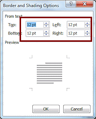 Dialog: Border and Shading Options - 12 pt. from text (Word 2010)