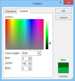 Dialog: Colors > Custom - green (Word 2013)