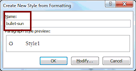 Dialog: Create New Style - bullet-sun (Word 2010)