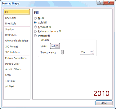 Dialog: Format Shape (Word 2010)