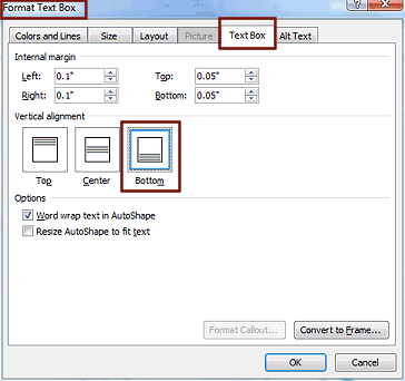 Dialog: Format Text Box > Text Box > Bottom (Word 2007)