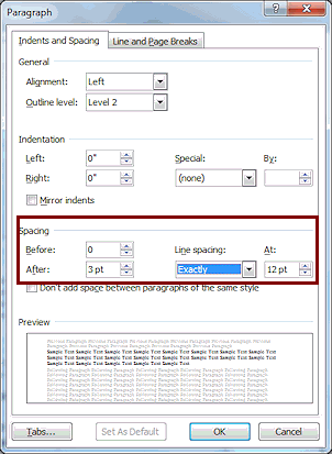 Dialog: Paragraph - Spacing (Word 2010)
