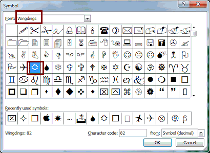 Dialog: Symbols > Wingdings > Sun shape (Word 2010)