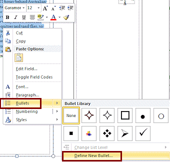 Right Click Menu: Bullets > Define New Bullet (Word 2010)