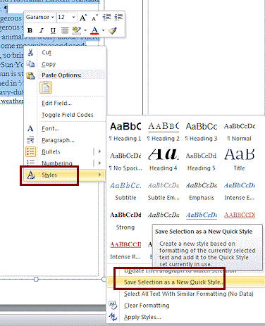 Right Click Menu: Save Selections as New Quick Style (Word 2010)