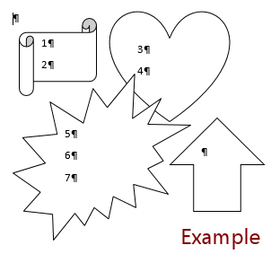 Different shapes applied to text boxes. Resize, repositions, adjusted. (Word 2013)