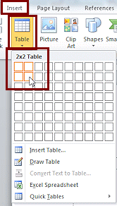 Button: Table - with palette for 2 x 2 table