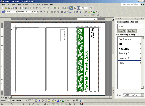 Task Pane: Styles and Formatting for the brochure